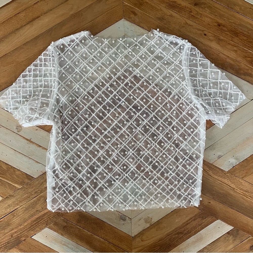 Sheer Pearl and Sequin White Crop Top